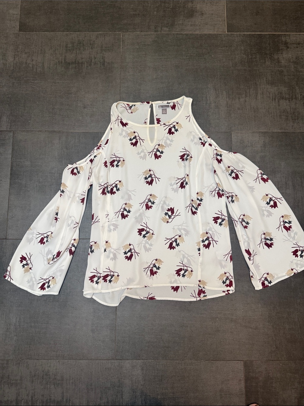 Chelsea28 White Cold-Shoulder Blouse with Burgundy and Tan Floral Print